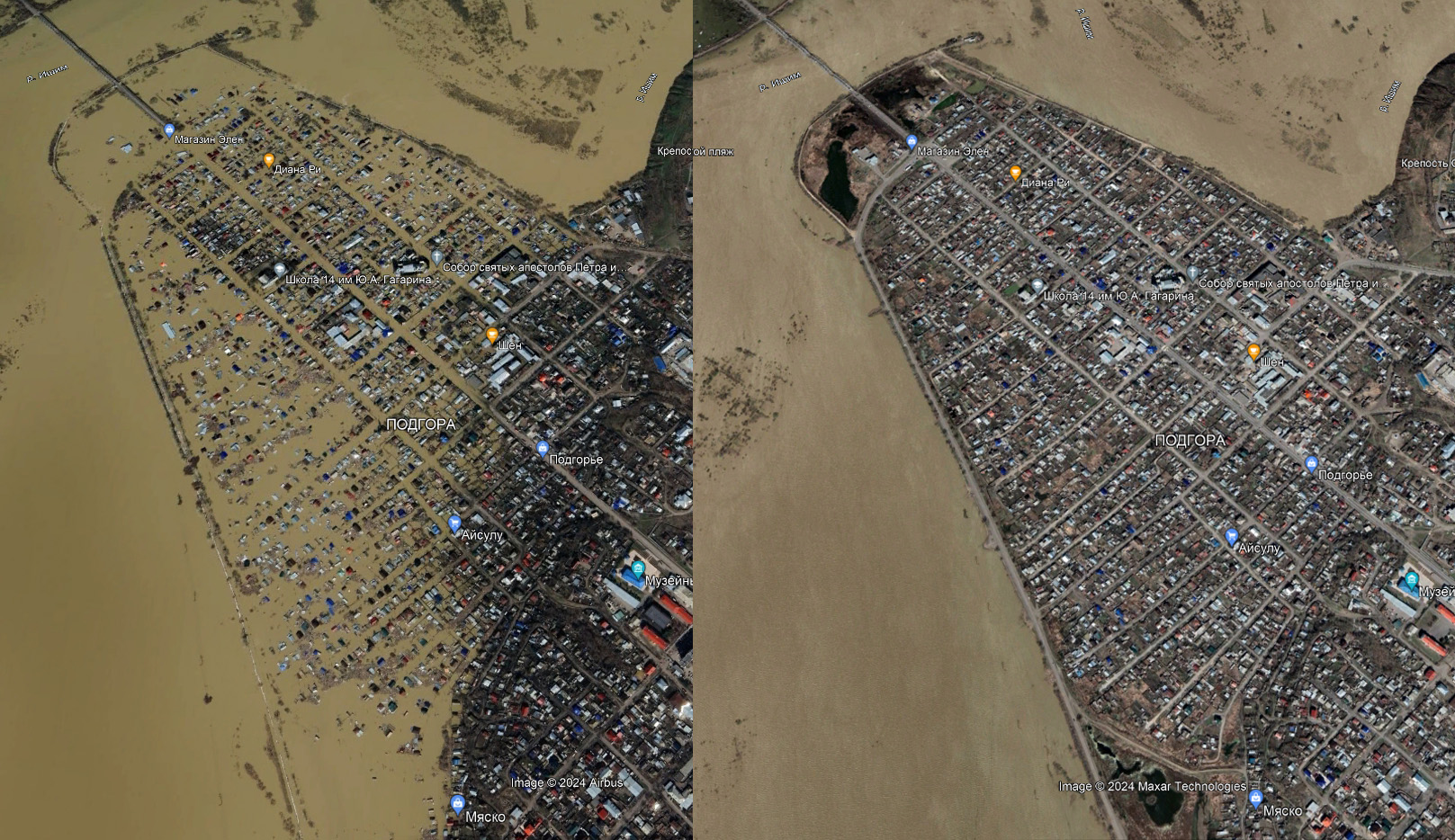 Google опубликовал спутниковые снимки наводнения в Петропавловске