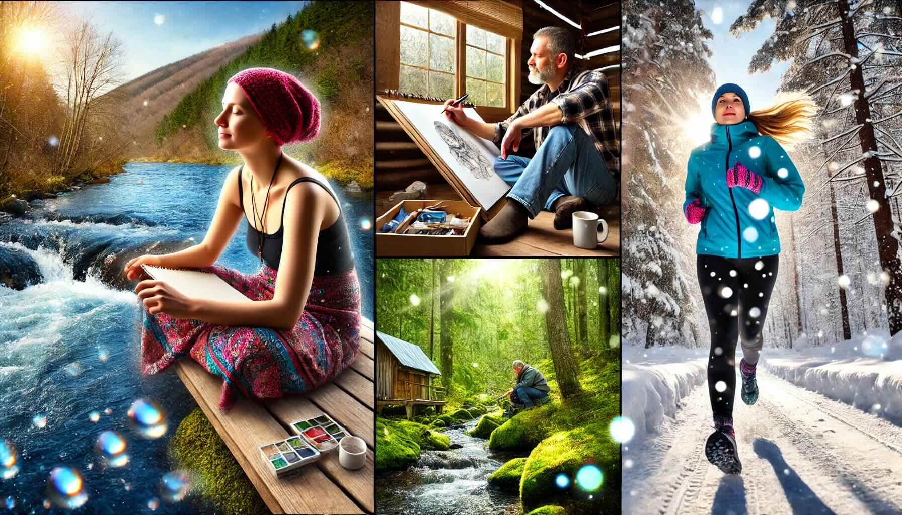 A hyper-realistic depiction of the digital detox trend. The image captures three distinct scenes_ a young woman in her early 30s sitting on a riversid